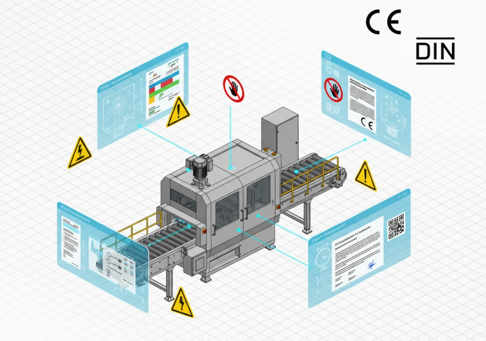 Isometrische Darstellung einer automatisierten Förderbandanlage mit integrierten Maschinen und Sicherheitshinweisen. Verschiedene digitale Bildschirme umgeben die Anlage, die technische Dokumente, Risikobeurteilungen, CE-Konformitätserklärungen und QR-Codes anzeigen. Gelbe Warnschilder weisen auf elektrische Gefahren, Quetschgefahr und allgemeine Vorsicht hin. Das CE-Logo und das DIN-Logo sind prominent platziert.