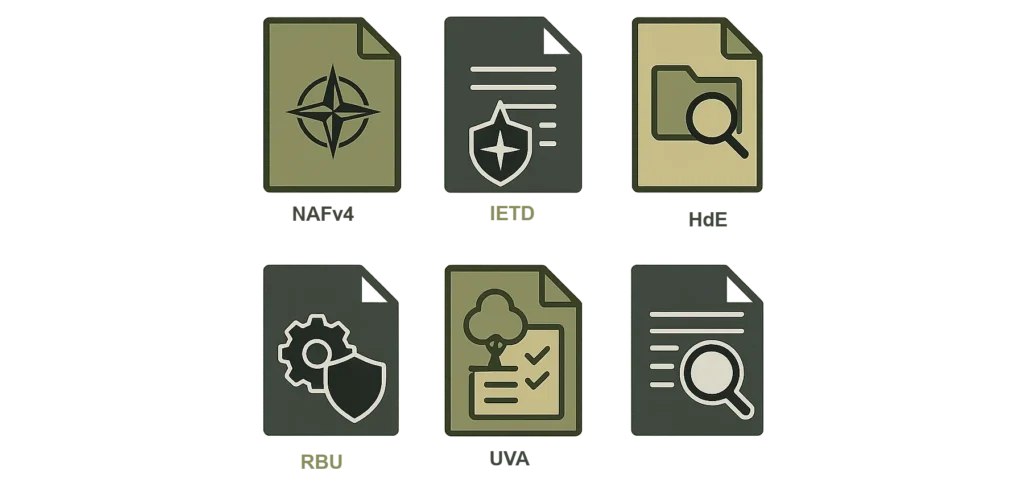 Eine Darstellung in Piktogramform mit 6 Symbolen von Militärdokumentationen.