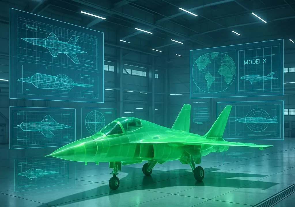 Ein Bild eines Holograms von einem innovativen neuartigen Flugzeug für die Rüstungsindustrie.