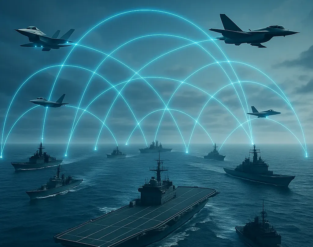 Ein Bild von einer Marinefolotte und zwei Flugzeugen die gut vernetzt sind