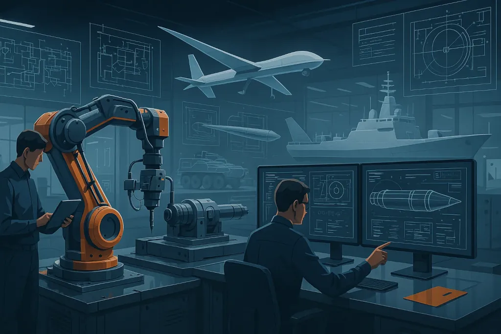 Ein Bild das zwei Ingenieure zeigt die an einem Militärischen Projekt arbeiten.