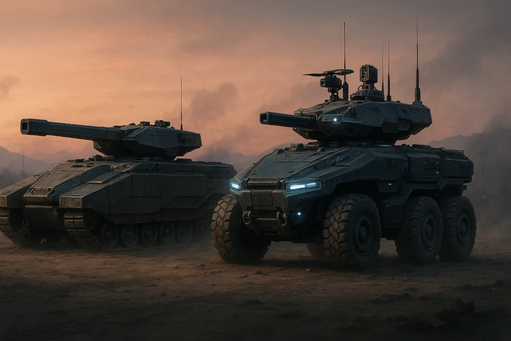 Ein Bild von einem Kettenfahrzeug und einem Radfahrzeug nebeneinander