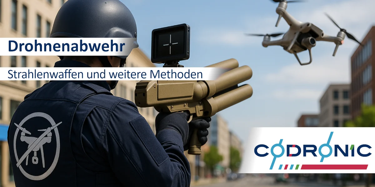 Ein Bild von einem Sicherheitsbeauftragten, der eine Energiestrahl auf eine Drohne richtet.
