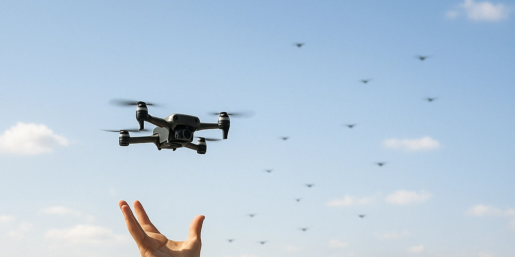 Ein Foto von einer Mini-Drohne die aus einer Hand gestartet wird.