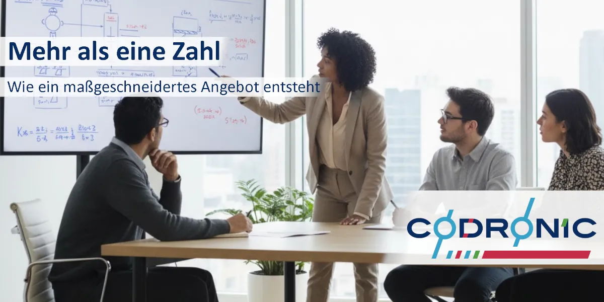 Ein Bild von vier Spezialisten bei einem Meeting.