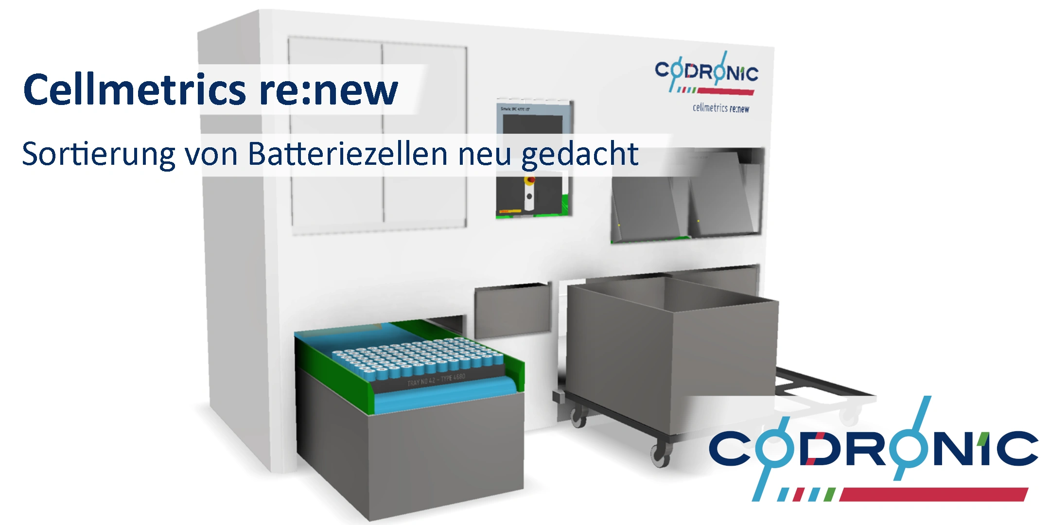 Ein Bild des Cellmetrics renew von der Vorderseite mit Bedieneinheit, Zuführung und Auswurf. Einer Aufschrift Sortierung von Batteriezellen neu gedacht.