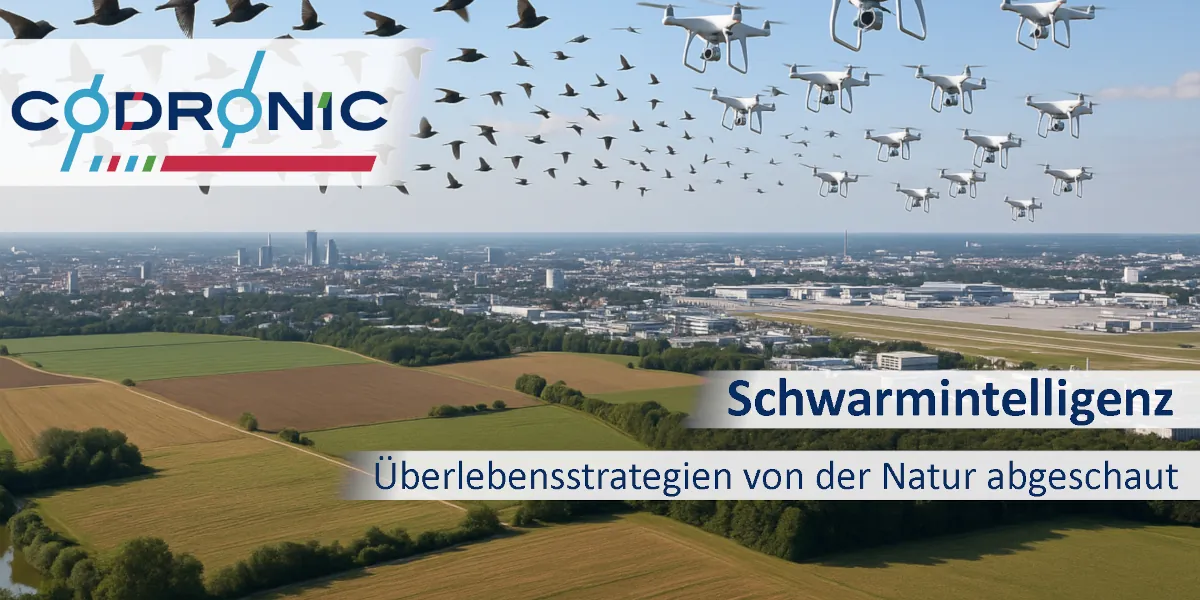 Ein foto von einer flachen Landschaft um eine Stadt im Hintergrund mit einem Vogelschwarm und einem Drohnenschwarm am Himmel.