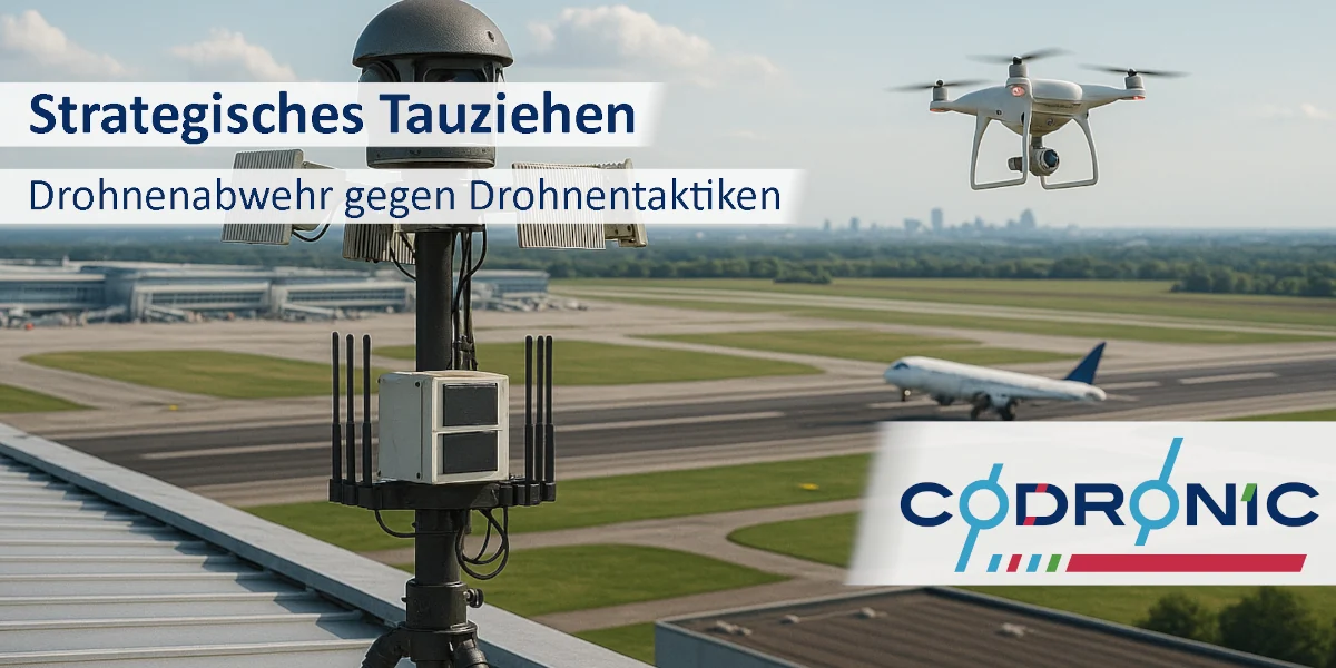 Ein Bild von einem Flughafen und einer Drohne mit der Beschriftung strategisches Tauziehen.