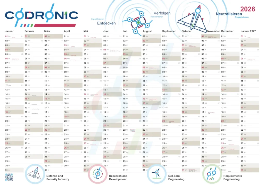 Ein druckbarer Wandkalender von Codronic aus dem Jahr 2026 für Projektmanagement und Projektplanung.