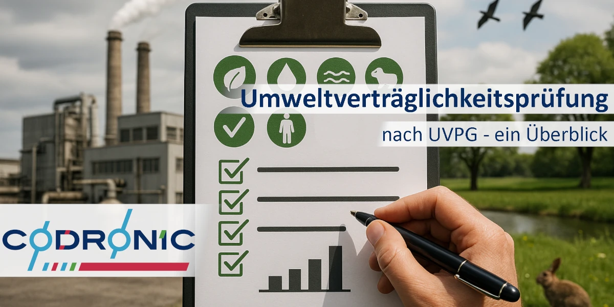 Ein Bild einer Checkliste für die Umweltverträglichkeitsprüfung mit einer Fabrik und einer Grünen Wiese im Hintergrund.