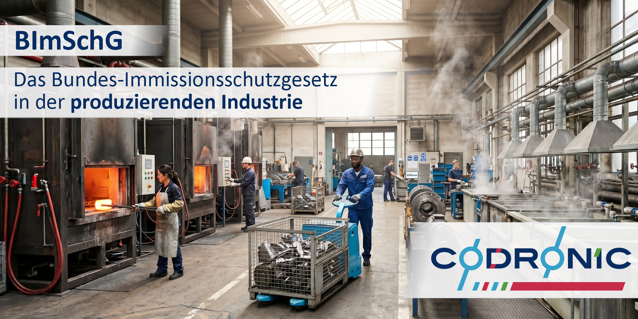 Blick in eine Industriehalle mit Härteöfen und Bädern zur Oberflächenbehandlung von Metallteilen.