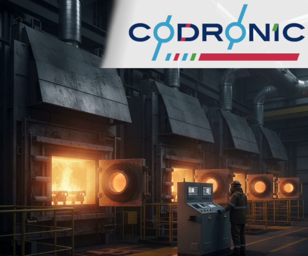 Fotorealistische Wärmebehandlungsanlage mit industriellen Öfen, glühenden Metallteilen und Prozessüberwachung durch einen Bediener.