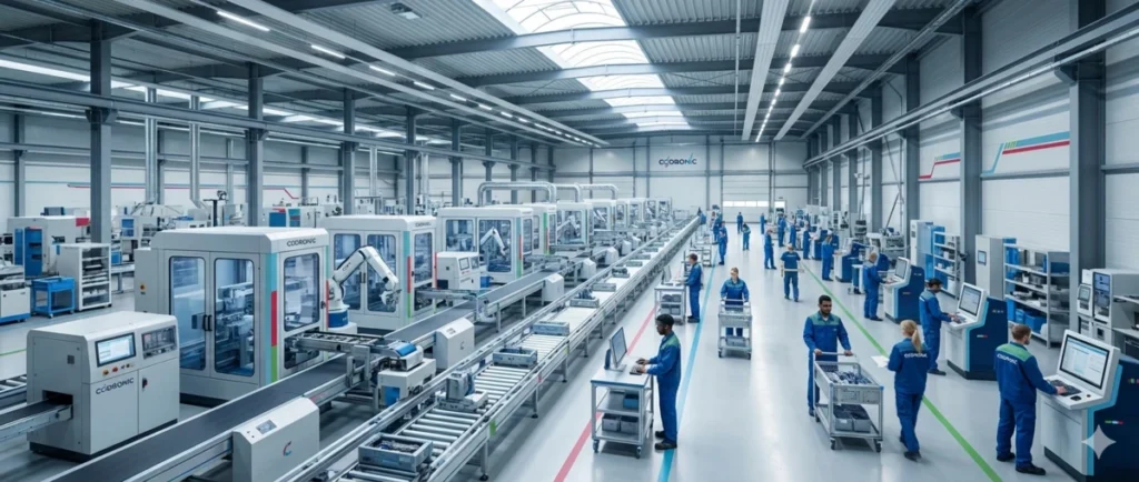 Weitläufige Produktionshalle mit intelligenter Fördertechnik und modularen Roboterzellen, in der Codronic-Mitarbeiter effiziente und automatisierte Fertigungsprozesse überwachen.