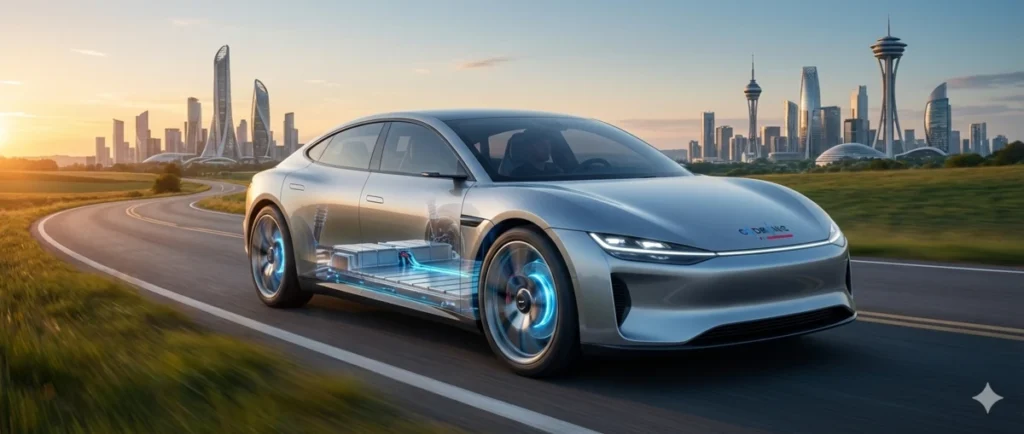 Futuristisches Elektroauto in Fahrt mit transparenter Ansicht der technischen Komponenten und Batterie vor einer Stadt-Skyline, visualisiert die Automotive-Kompetenz und Produktentwicklung von Codronic.