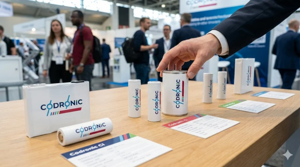 Hand greift nach einer zylindrischen Codronic-Batteriezelle auf einem Messestand, umgeben von weiteren Zellformaten und Datenblättern, passend zu Batteriezellenentwicklung und Engineering für Elektromobilität.