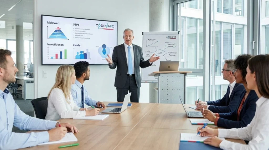 Erfahrener Berater präsentiert vor einem Team in einem hellen Konferenzraum Strategien und Analysen, visualisiert das Codronic-Beratungsangebot für Industrie, Startups und Produktionsgewerbe zur Entscheidungsfindung.
