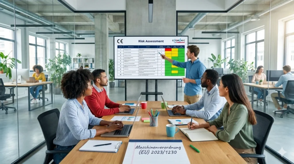 Team bei der Risikobeurteilung für die CE-Kennzeichnung. Ein Berater präsentiert an einem Bildschirm Details, im Vordergrund die Maschinenverordnung (EU) 2023/1230, visualisiert die Codronic-Expertise für Konformität und Sicherheit.