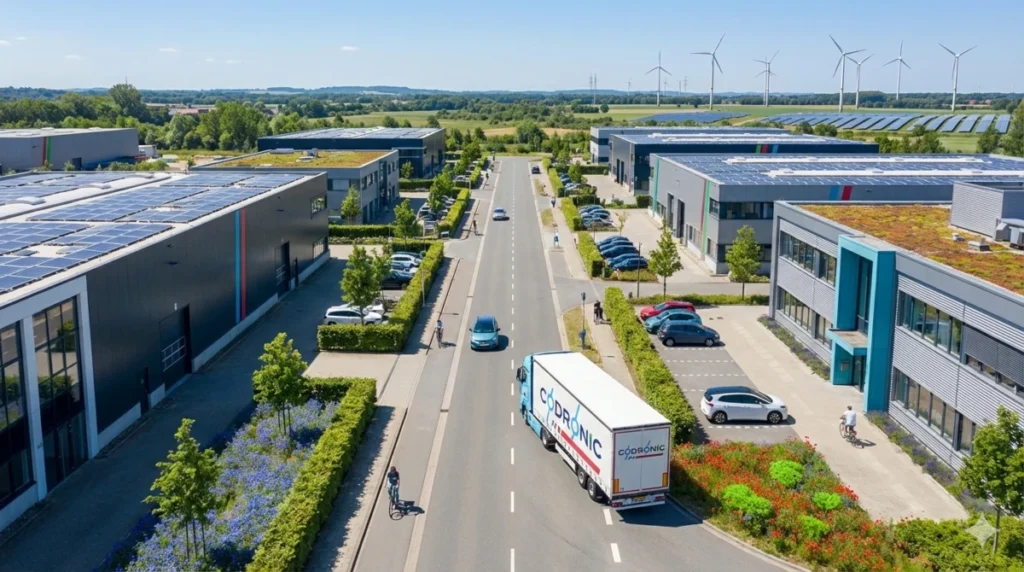 Luftaufnahme eines modernen Gewerbeparks mit Solaranlagen und Gründächern vor Windkraftanlagen, durch den ein Codronic-LKW fährt; visualisiert nachhaltige Energie- und Ressourceneffizienz.