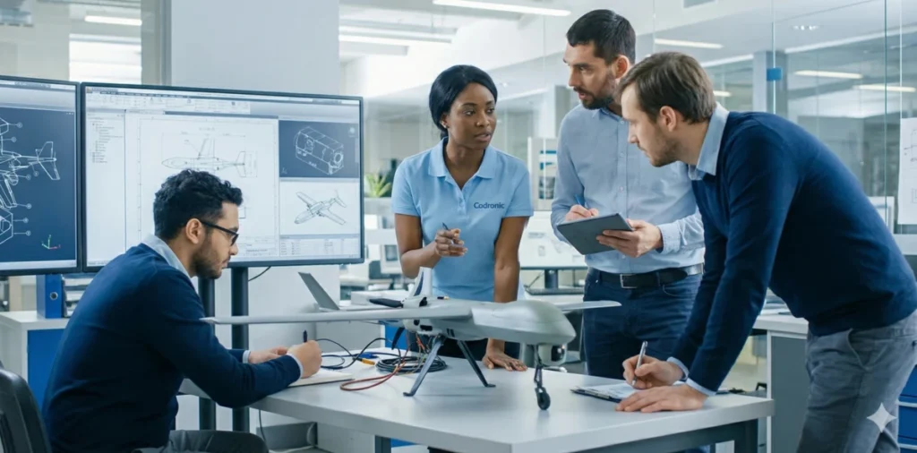 Ingenieure von Codronic analysieren Konstruktionspläne und einen Drohnen-Prototypen als hochqualifizierte Entwicklungspartner für Wehrtechnik und die Verteidigungsindustrie.