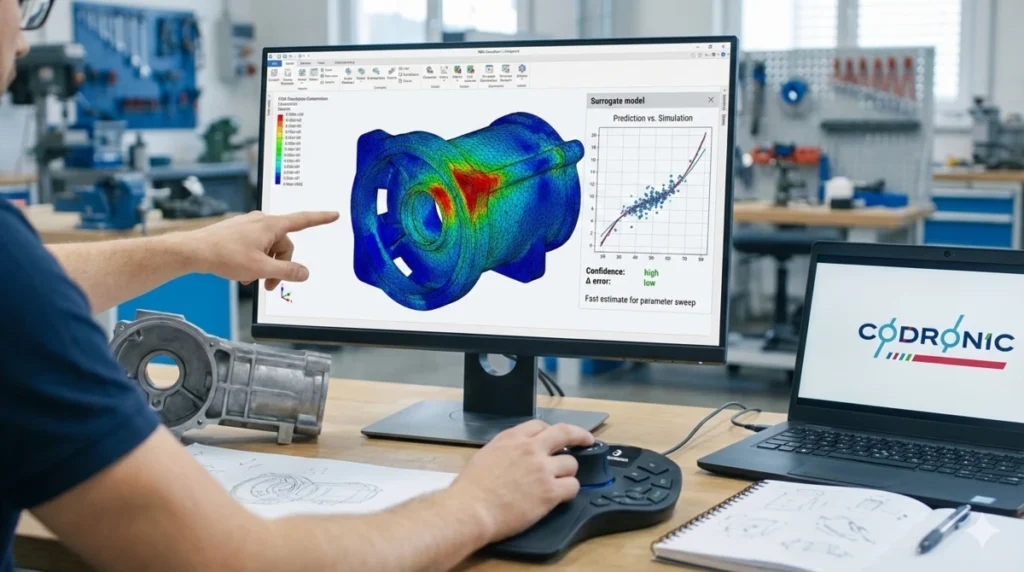 Ingenieur bei der Arbeit mit einer 3D-Maus an einer farbigen FEM-Simulation und einem Vorhersagemodell auf dem Monitor, visualisiert Erfolg und Effektivität durch moderne Berechnungsmethoden bei Codronic.