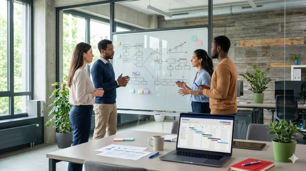 Consulting-Team bespricht Skalierungsstrategien und Prozessoptimierung am Whiteboard; im Vordergrund ein Laptop mit dem Codronic-Dashboard zur Projektplanung.