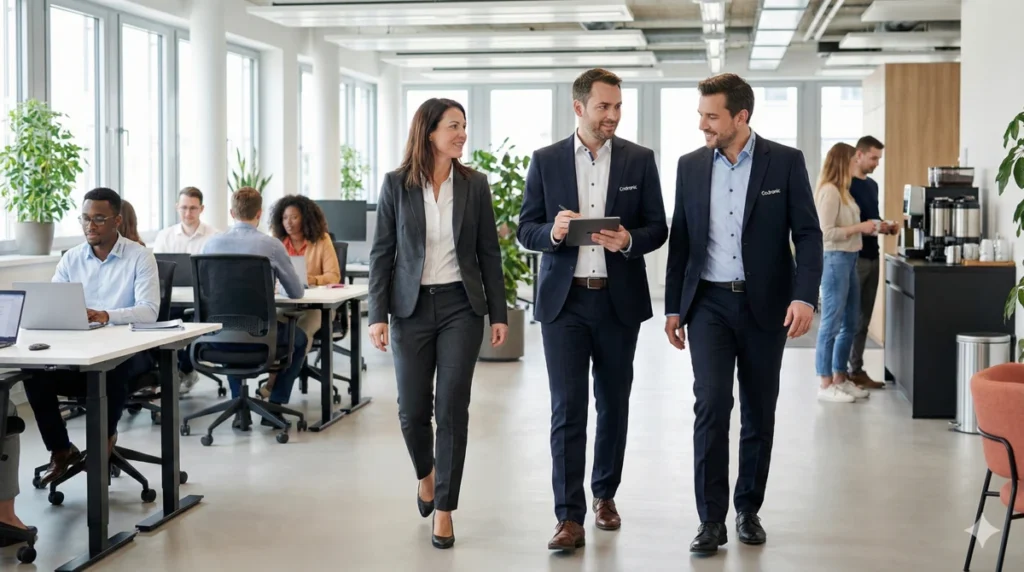 Erfahrenes Management-Duo im Gespräch beim Gang durch ein modernes Büro, visualisiert Codronic Interim Management für flexible und kompetente Führungseinsätze.