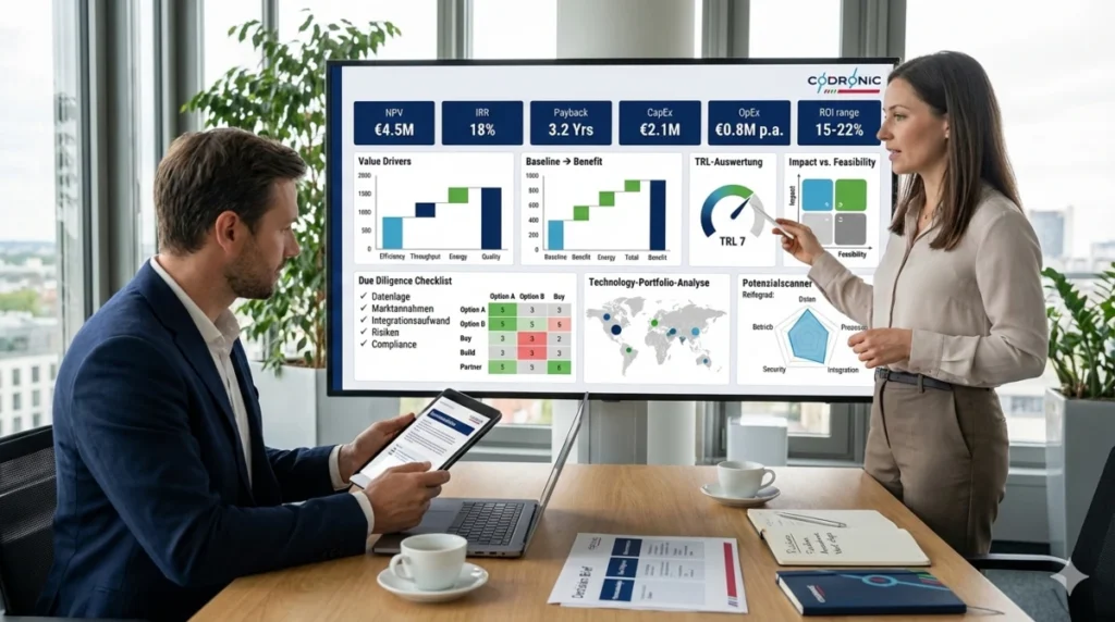 Beratungssituation, in der eine Expertin an einem Dashboard Finanzkennzahlen und Technologie-Portfolios präsentiert; visualisiert die Codronic Investitions- und Technologieberatung sowie Due Diligence für den Maschinenbau.