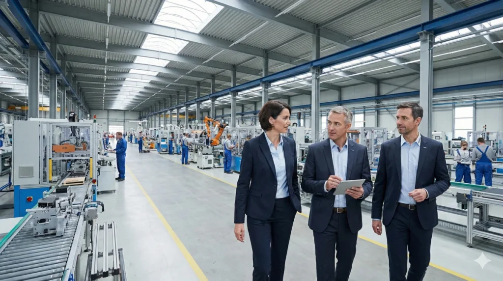 Management-Team begeht eine moderne Produktionshalle und bespricht Prozesse am Tablet; visualisiert die Codronic Kompetenz auf Abruf und praxisnahe Unternehmensberatung direkt in der Fertigung.