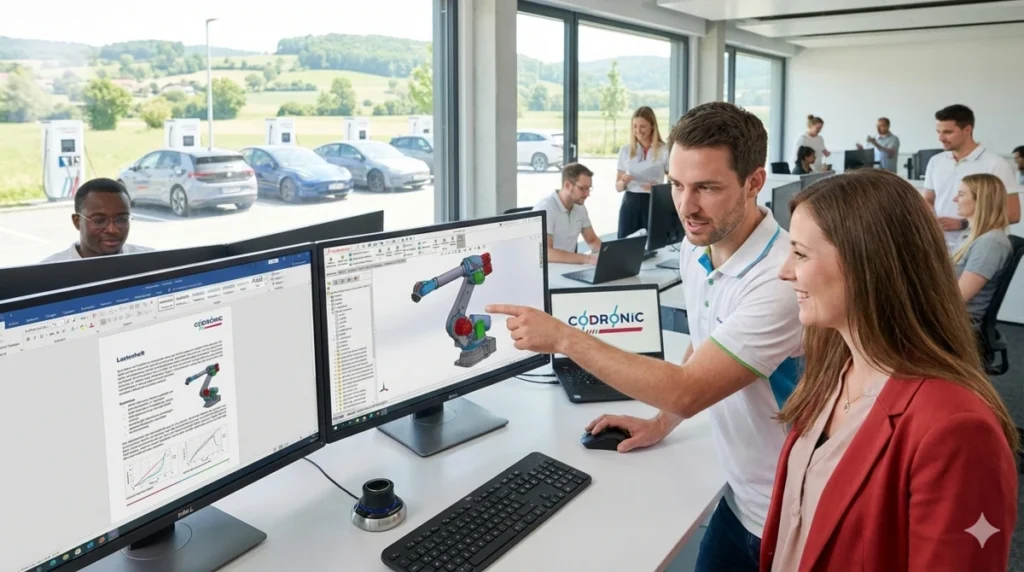 Ingenieure im Codronic Konstruktionsbüro für Maschinenbau besprechen ein 3D-Modell einer individuellen Maschinenlösung am Bildschirm