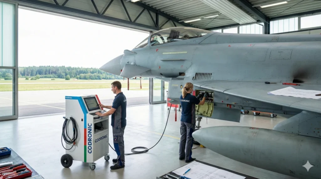 Techniker-Team führt mithilfe eines Codronic-Diagnosegeräts Systemchecks an einem Kampfflugzeug im Hangar durch, um sicherheitskritische mechatronische Komponenten und die Avionik zu prüfen.