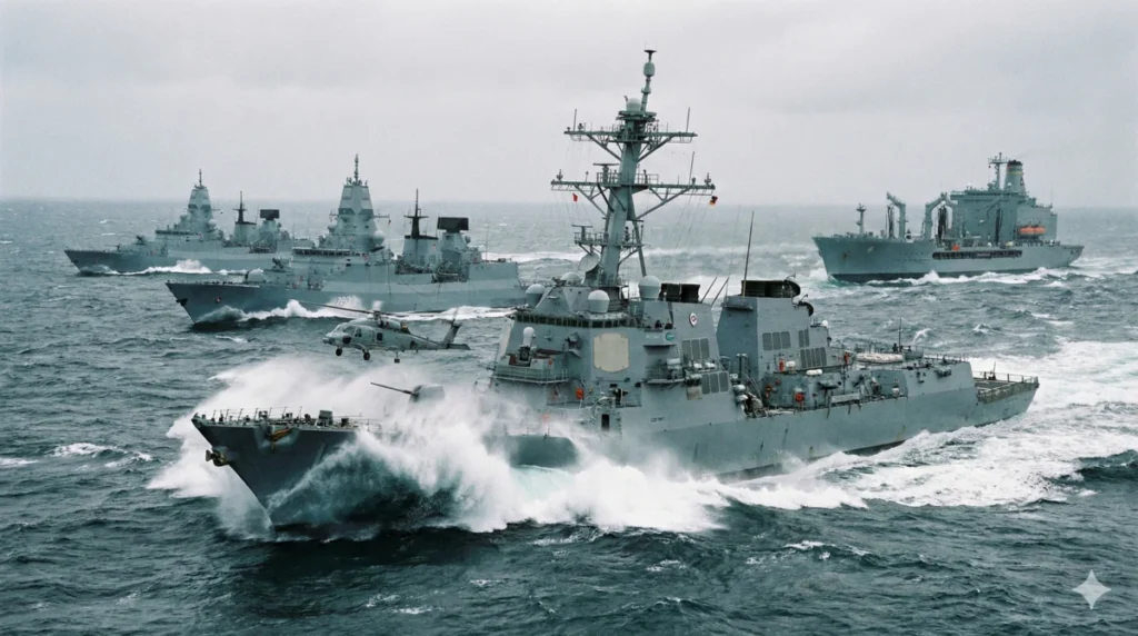 Flottenverband mit Fregatte und Hubschrauber auf hoher See, der robuste mechatronische Systemlösungen von Codronic für Überwasserschiffe und maritime Anwendungen demonstriert.