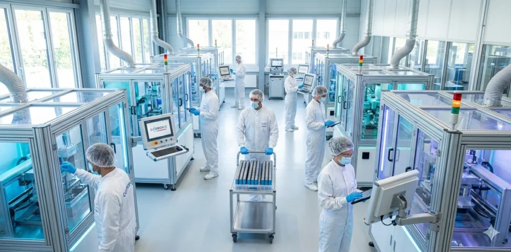 Mitarbeiter in Schutzkleidung bedienen Codronic Maschinenbaulösungen für die Batteriezellproduktion in einer Reinraumumgebung für sensible Prozesse.
