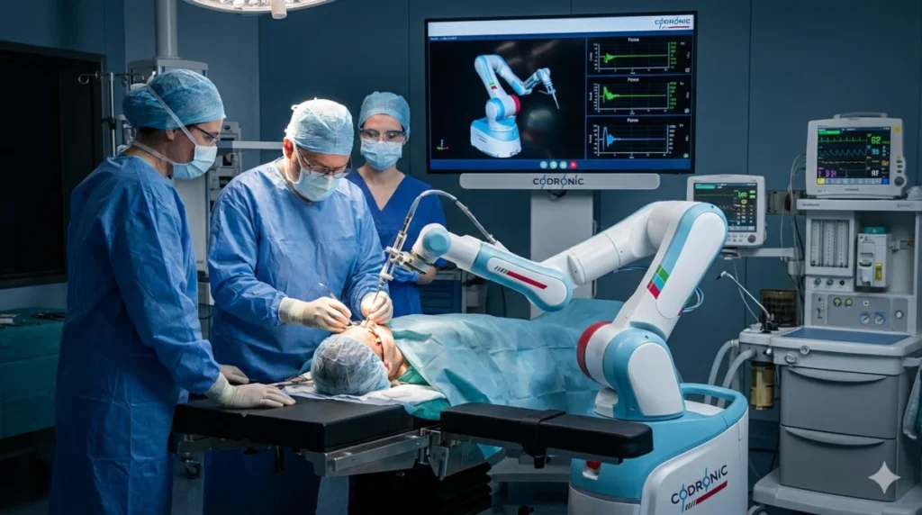 Chirurgen im Operationssaal nutzen einen Codronic Assistenzroboter für präzise Eingriffe, der innovative Mechatronik und redundante Sicherheitssysteme für Health-Care-Anwendungen demonstriert.