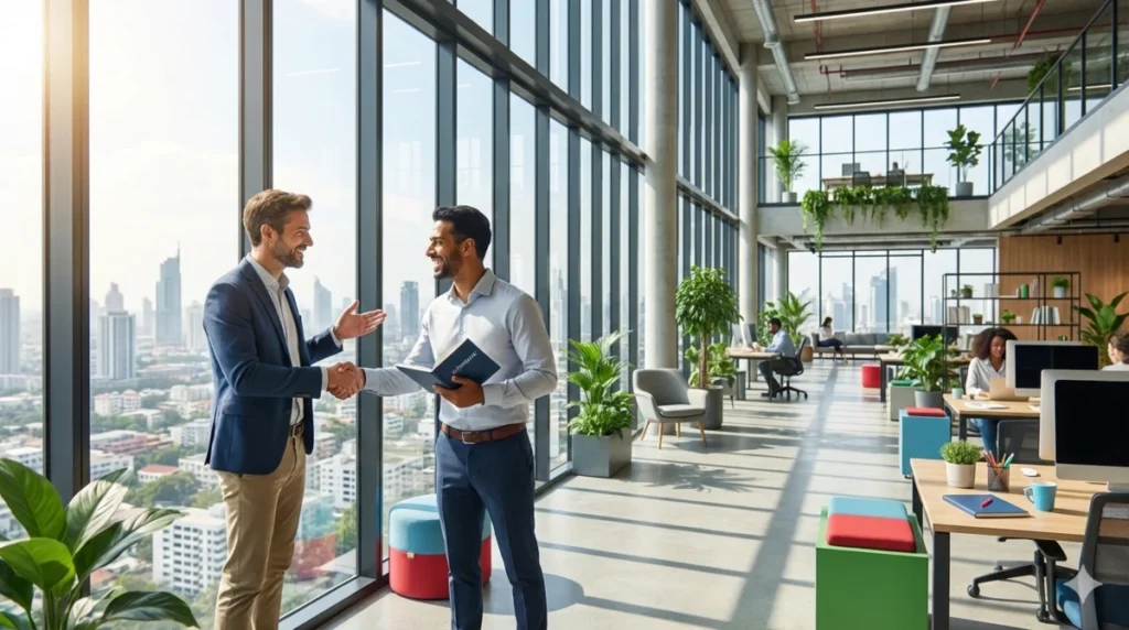 Handschlag zwischen Berater und Klient in einem modernen Großraumbüro mit Skyline-Blick. Der Berater hält ein Codronic-Notizbuch; visualisiert erfolgreiche Zusammenarbeit und kompetente Beratungsleistungen.