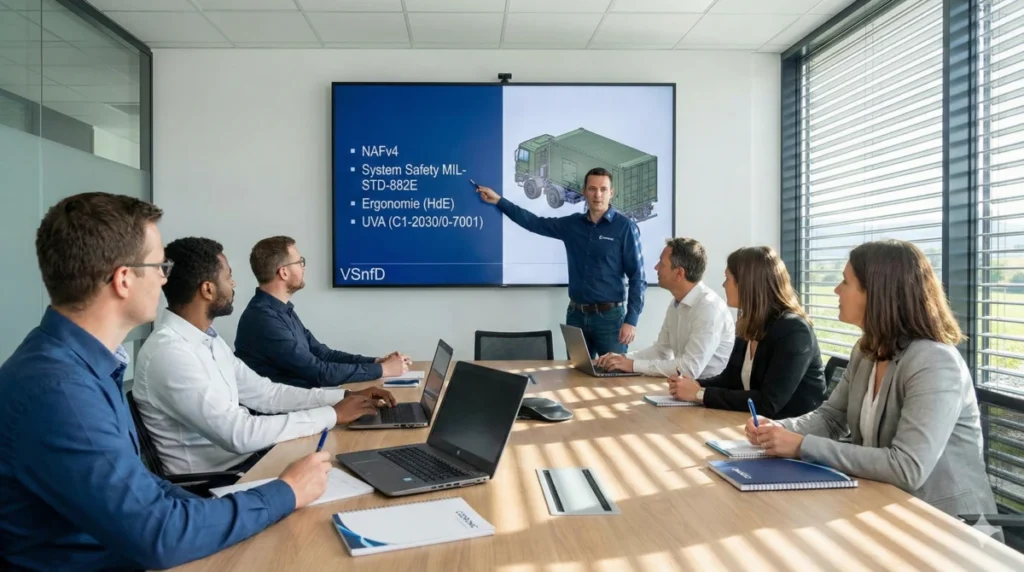 Codronic-Team bespricht in einem Meeting die militärtechnische Dokumentation und Nachweisführung nach Bundeswehr- und NATO-Standards (NAFv4, MIL-STD) anhand eines militärischen Fahrzeugmodells.