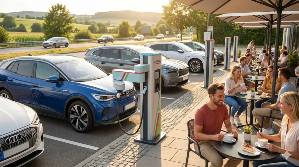 Innovativer Laderoboter von Codronic lädt autonom ein Elektroauto, während Menschen im Café entspannen – ein Beispiel für perfekte Produktentwicklung und effiziente Engineering-Prozesse.