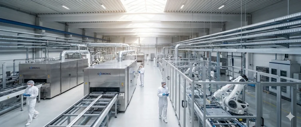 Moderne Produktionsanlage von Codronic für die Batteriezellenfertigung unter Reinraumbedingungen, mit automatisierten Robotern und Fachpersonal in Schutzkleidung zur Prozessüberwachung.
