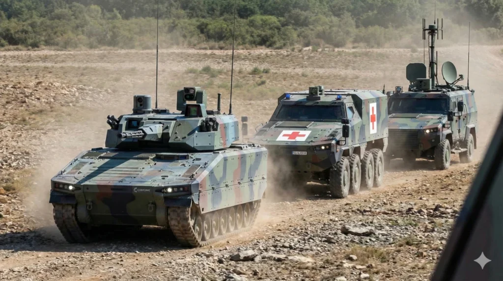 Konvoi aus Gefechtsfahrzeug und Transportpanzern mit Codronic-Technologie im Gelände, die zuverlässige mechatronische Subsysteme für moderne Rad- und Kettenplattformen demonstrieren.