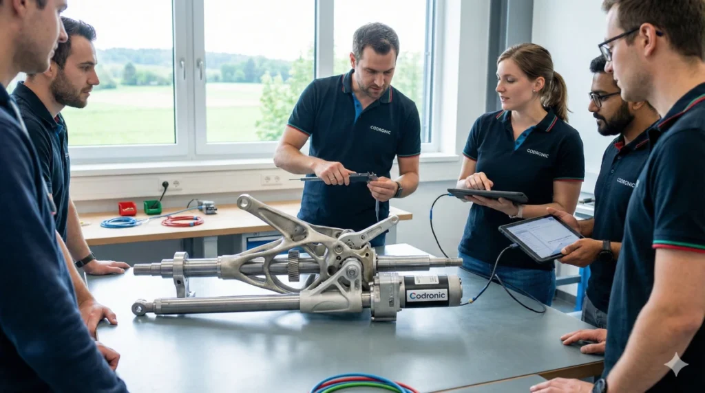 Codronic-Entwicklungsteam analysiert und vermisst eine maßgeschneiderte mechatronische Einzellösung für die Sicherheits- und Verteidigungsindustrie.