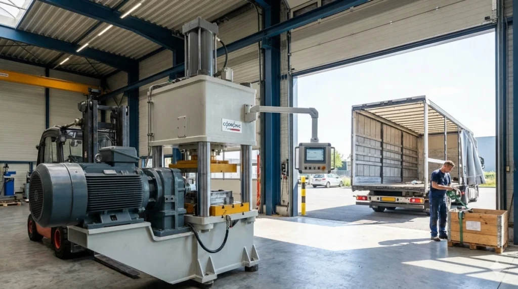 Mitarbeiter organisiert den Versand einer massiven Codronic Sondermaschine in einer Werkhalle, die für flexible und effiziente Produktionstechnik konstruiert wurde.