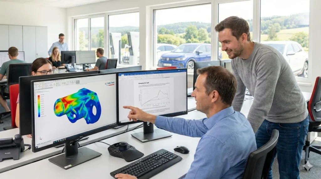 Ingenieure analysieren am Monitor eine farbige FEM-Bauteilsimulation und Lastkurven, visualisiert die Codronic-Expertise für technische Berechnungen, Festigkeitsanalysen und Topologieoptimierung.