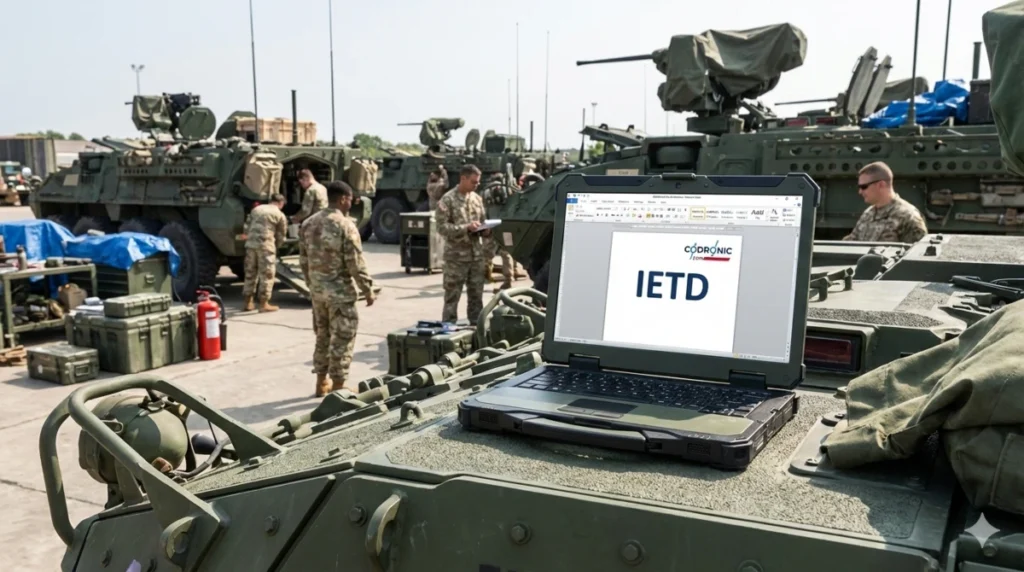 Rugged Laptop auf einem gepanzerten Fahrzeug zeigt IETD-Dokumentation von Codronic, im Hintergrund Soldaten bei der Wartung. Visualisiert Expertise für technische Dokumentation bei Verteidigungsprojekten und öffentlichen Auftraggebern.