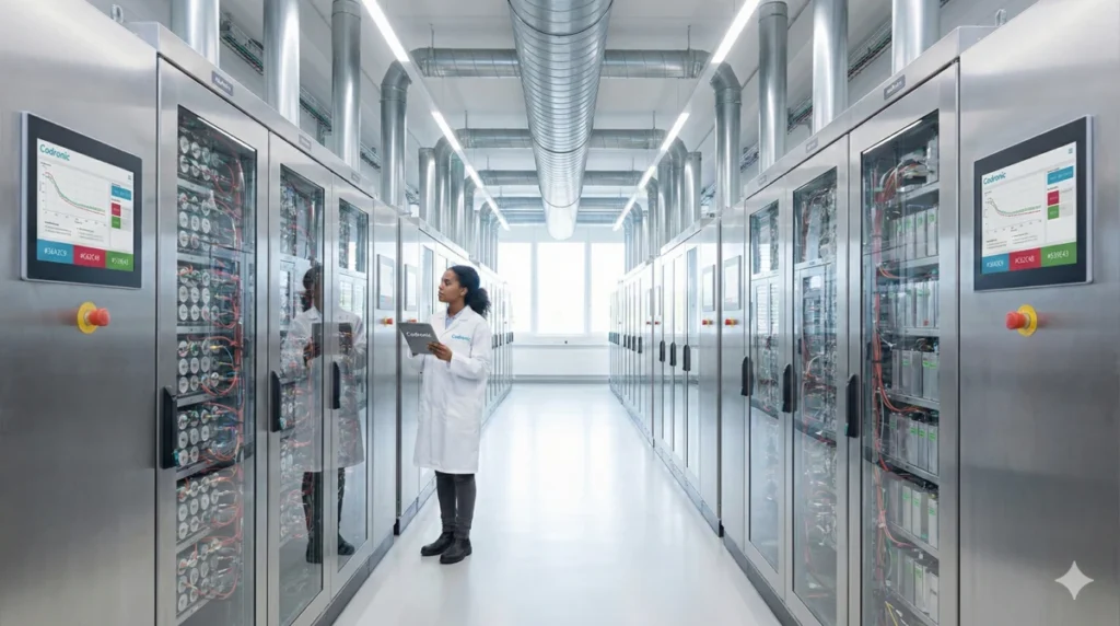 Modernes Testlabor mit Reihen von Hightech-Prüfschränken und Klimakammern. Eine Ingenieurin kontrolliert Messdaten auf einem Tablet, visualisiert die Codronic Testlabor-Planung für effiziente Versuchskapazitäten und Batterietests.