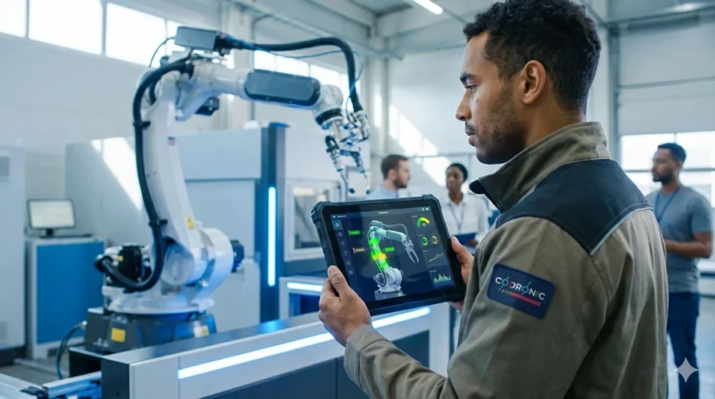 Codronic-Techniker nutzt ein Tablet mit digitalem Zwilling zur vorausschauenden Wartung und Echtzeit-Überwachung eines Industrieroboters.