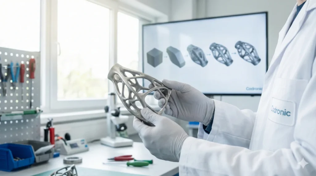 Ingenieur von Codronic prüft ein topologieoptimiertes 3D-Druck-Metallbauteil im Labor, mit Darstellung des digitalen Entwicklungsprozesses auf einem Monitor im Hintergrund.