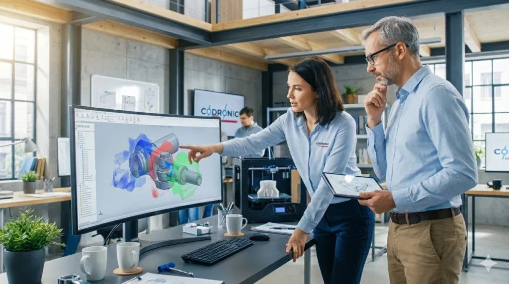 Codronic-Ingenieure analysieren ein 3D-Modell für generatives Design und automatisierte Konstruktion am Bildschirm im modernen Entwicklungsbüro.