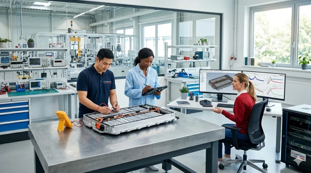 Ingenieure bei der Prüfung und Entwicklung eines Hochvolt-Batteriesystems in einem modernen Automotive-Labor mit Messtechnik und CAD-Analyse.