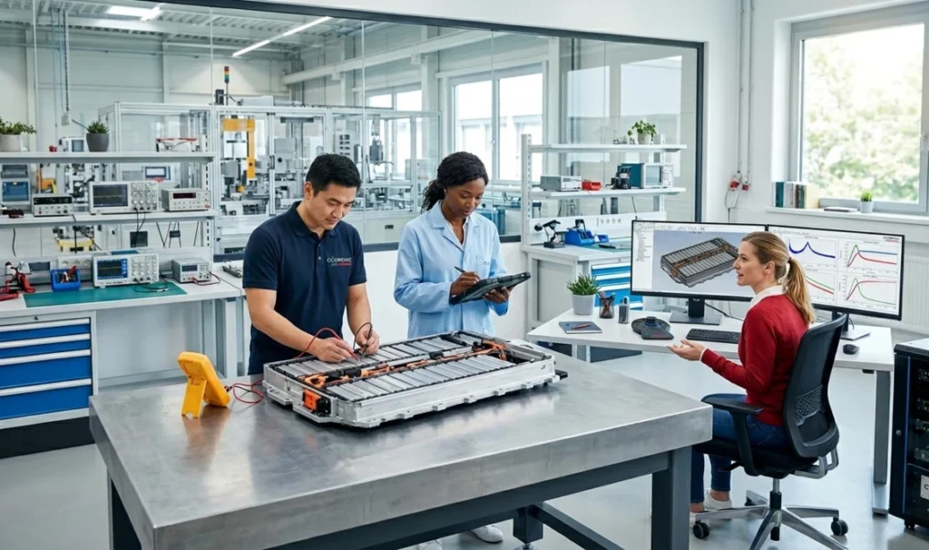 Ingenieure bei der Prüfung und Entwicklung eines Hochvolt-Batteriesystems in einem modernen Automotive-Labor mit Messtechnik und CAD-Analyse.