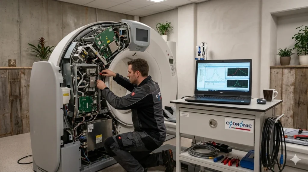 Ein Servicetechniker bei der Wartung und Instandhaltung eines geöffneten CT-Scanners mit computergestützter Fehlerdiagnose.