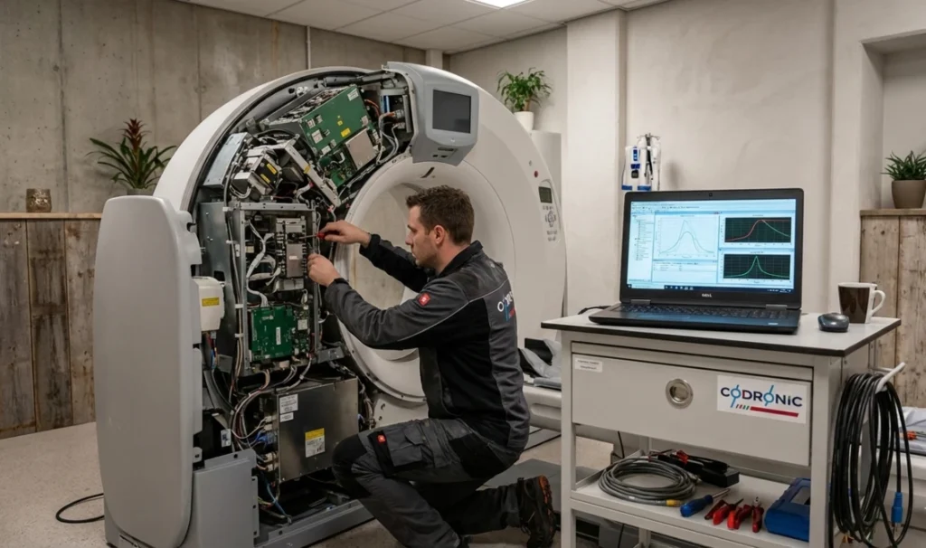 Ein Servicetechniker bei der Wartung und Instandhaltung eines geöffneten CT-Scanners mit computergestützter Fehlerdiagnose.
